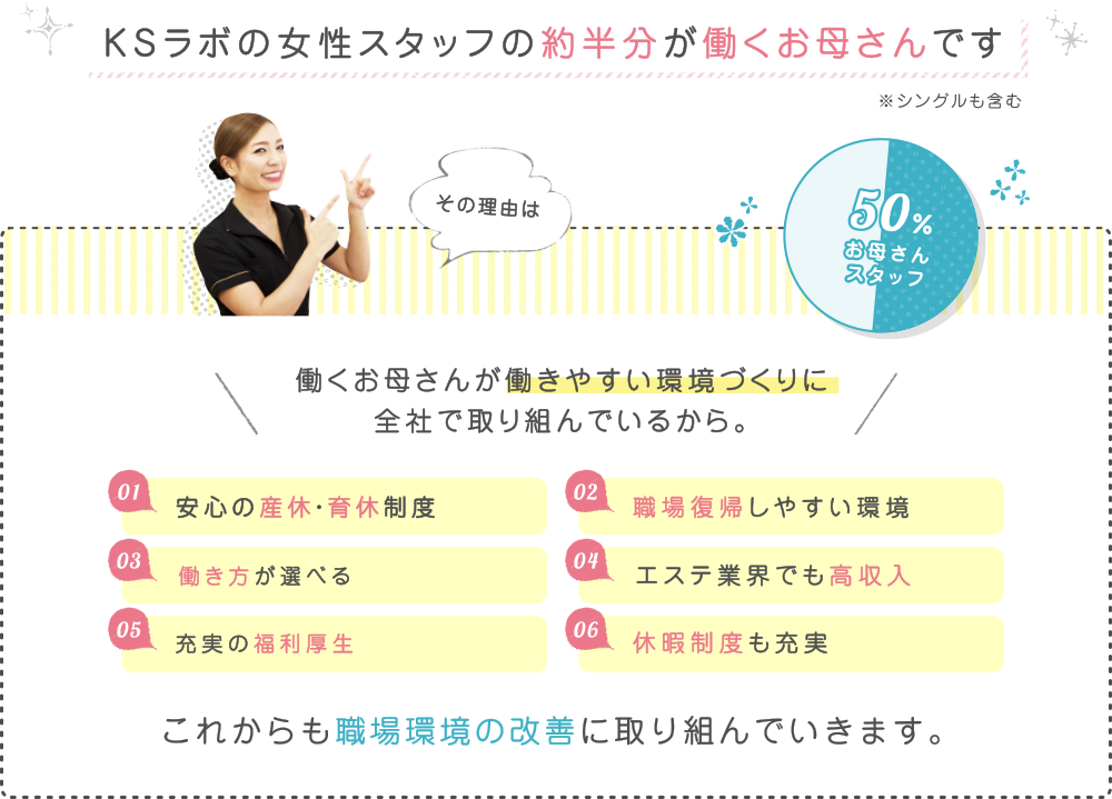 KSラボの女性スタッフの約半分が働くお母さんです